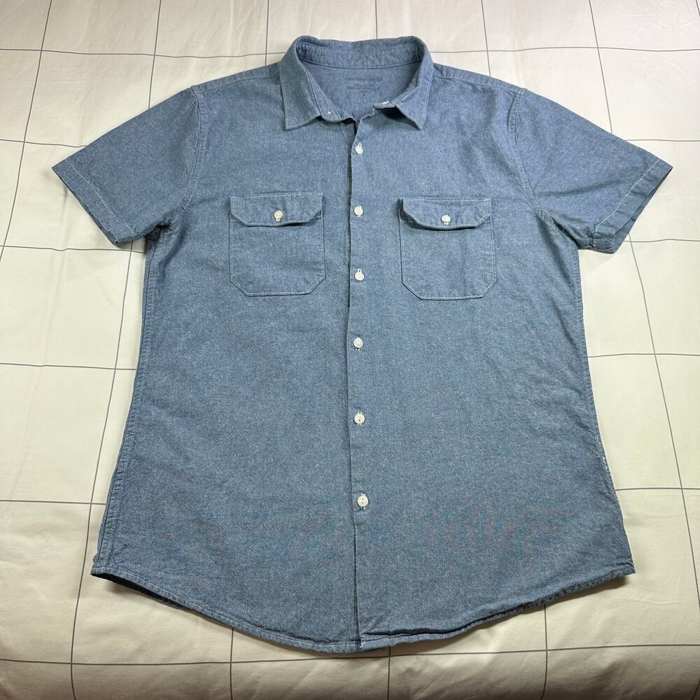 Save Khaki United Shirt Mens Large Blue Chambray Cotton Short Sleeve Button Up